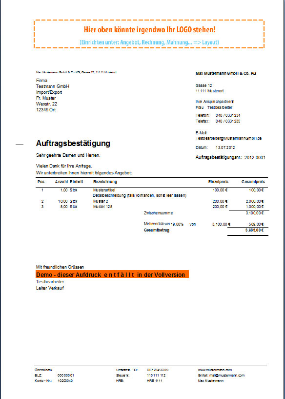 Rechnungsprofi - Auftragsbest�tigung erstellen, Auftragsbest�tigungen aus Angeboten, Auftragsbest�tigungen / Angebot suchen