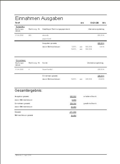 Rechnungsprofi - Zusammenstellung Einnahmen und Ausgaben, �bersicht �ber Einnahmen und Ausgaben, Darstellung des Gesamtergebnisses