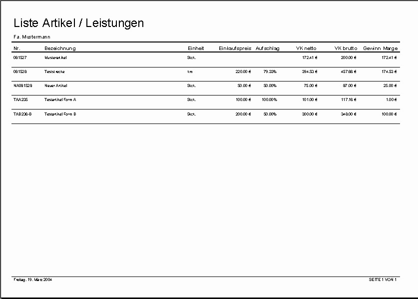 Rechnungsprofi - Artikelliste anzeigen, Leistungsliste anzeigen, �bersicht �ber Artikel und Leistungen