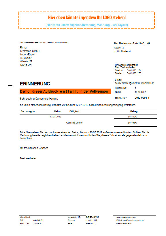 Rechnungsprofi - Mahnungen drucken, Mahnwesen verwalten, Mahnungen erfassen, Mahnungen betrachten, schreiben, drucken 