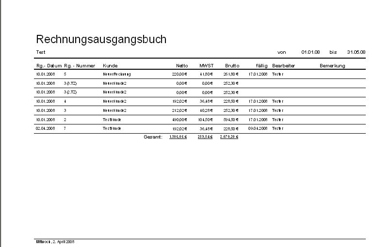 Rechnungsprofi - Verwalten von Rechnungsausg�ngen, Rechnungsausgangsbuch ansehen, �bersicht von Rechnungsausg�ngen,  Druckversion Rechnungsausgangsbuch&nbsp;