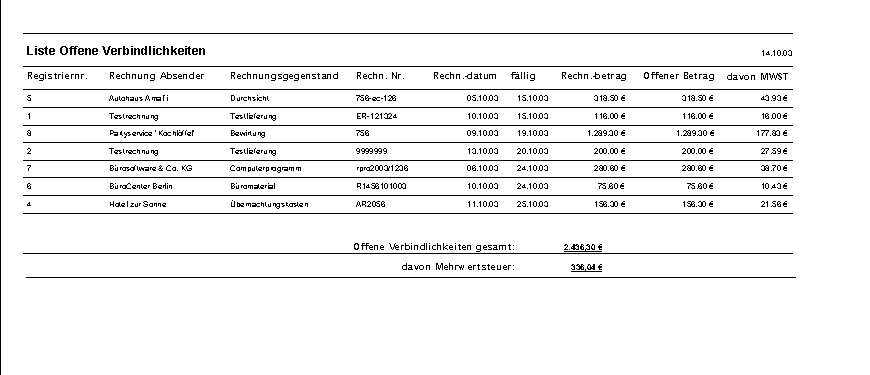 Rechnungsprofi -Vorschau offene Verbindlichkeiten, Liste offene Verbindlichkeiten, �bersicht �ber offene Verbindlichkeiten