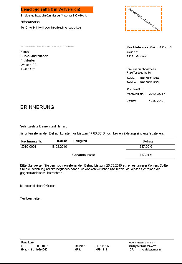 Rechnungsprofi - Mahnungen drucken, Mahnwesen verwalten, Mahnungen erfassen, Mahnungen betrachten, schreiben, drucken 